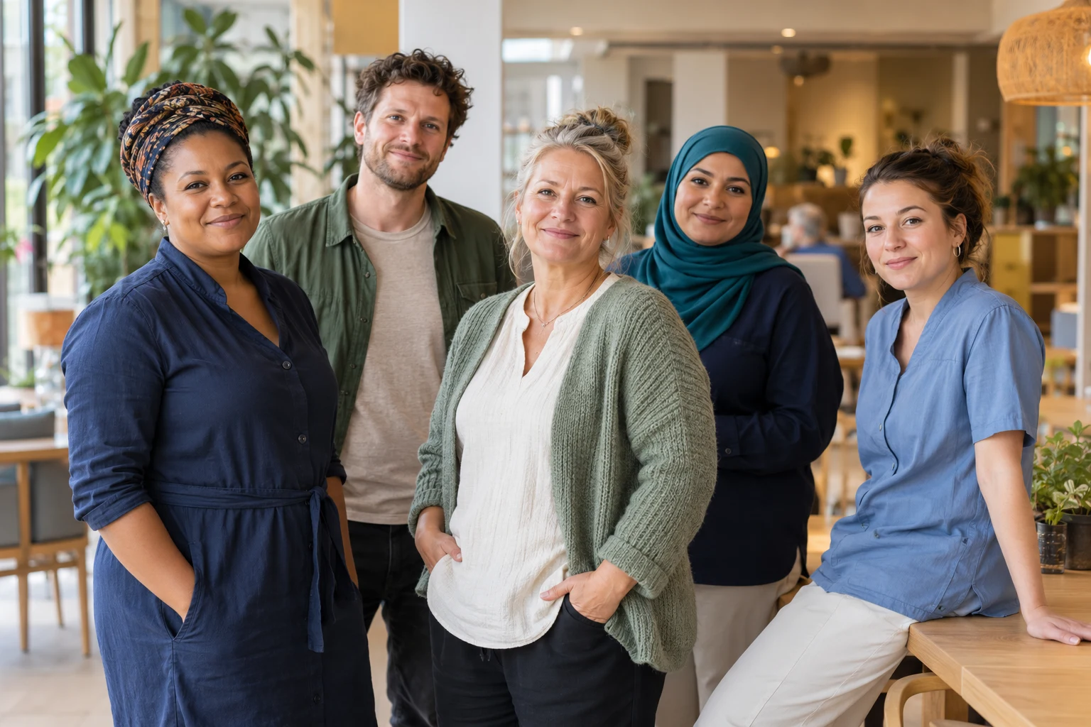 Een divers team van zorgprofessionals in een warme zorgomgeving